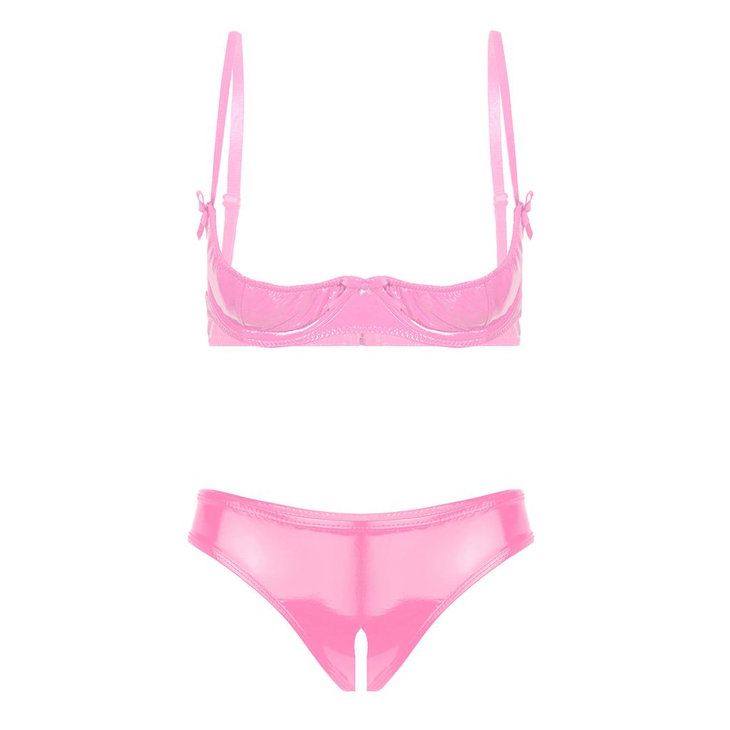 Womens Glossy Patent Leather Underwire Bra Set Adjustable Strap Lingerie with Open Crotch Briefs