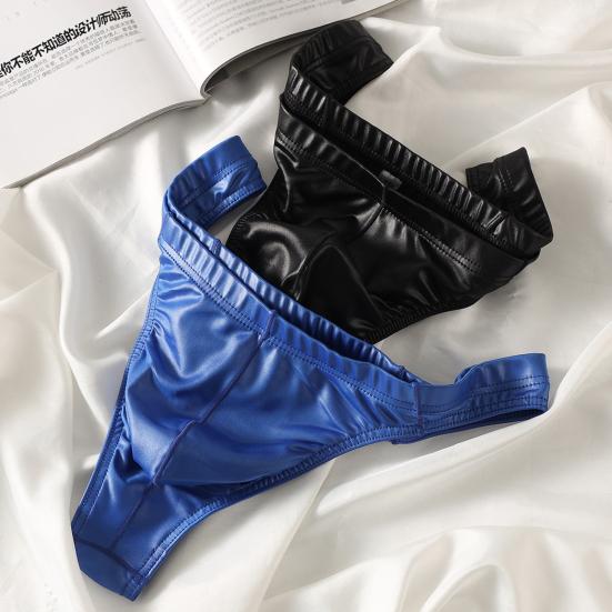 Men Glossy Sexy Thongs Silky Smooth Underpants Imitation Leather Soft Low-Waist Thong Briefs for Date Party