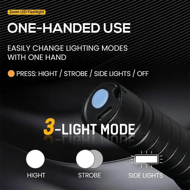 Mini LED Flashlight COB Work Light Portable Torch Rechargeable Camping Lantern Zoomable Tactical Flashlight for Camping Hiking