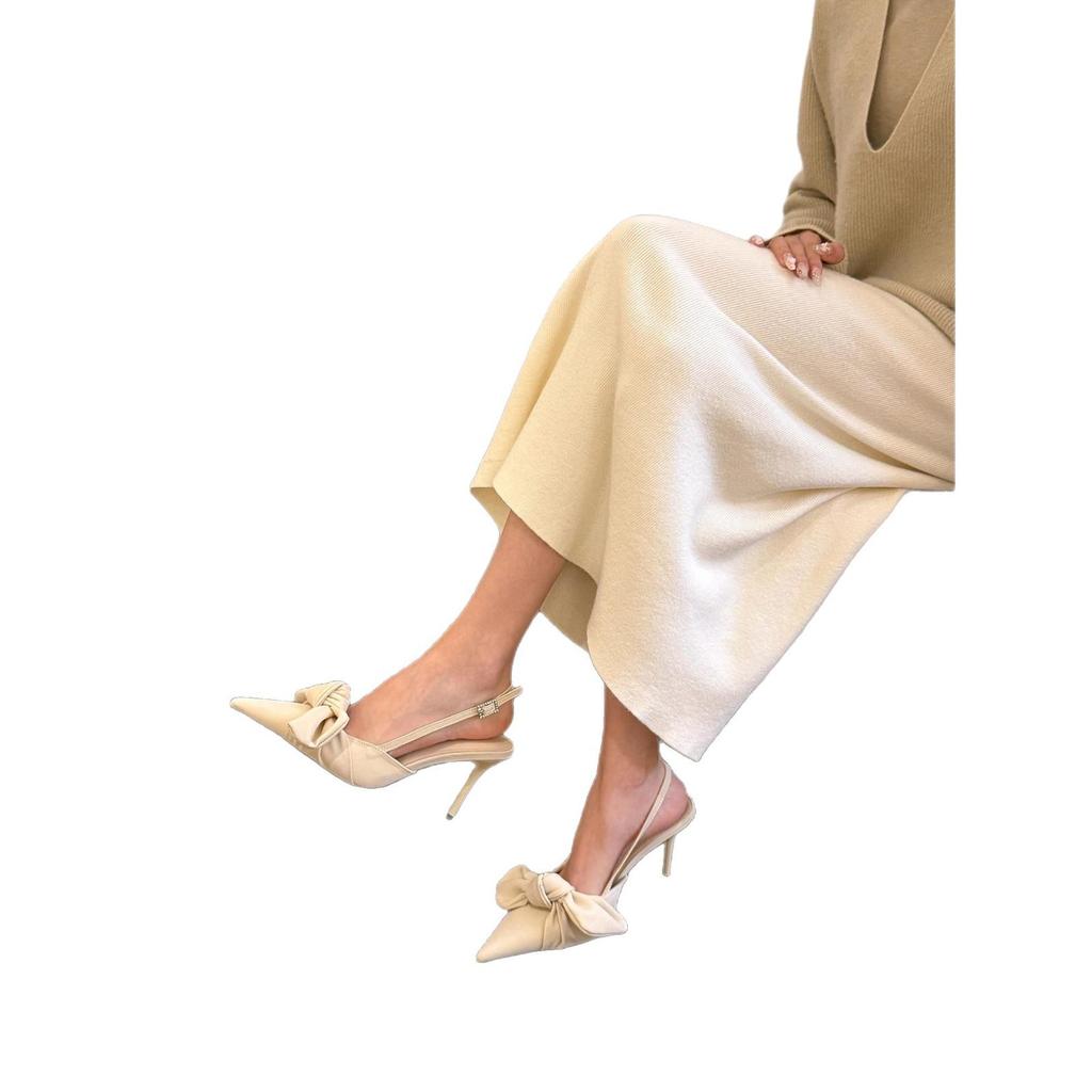 Нежные абрикосовые туфли-лодочки с острым носком и бантом на высоком каблуке, женские весенне-летние новые туфли-лодочки с открытой пяткой