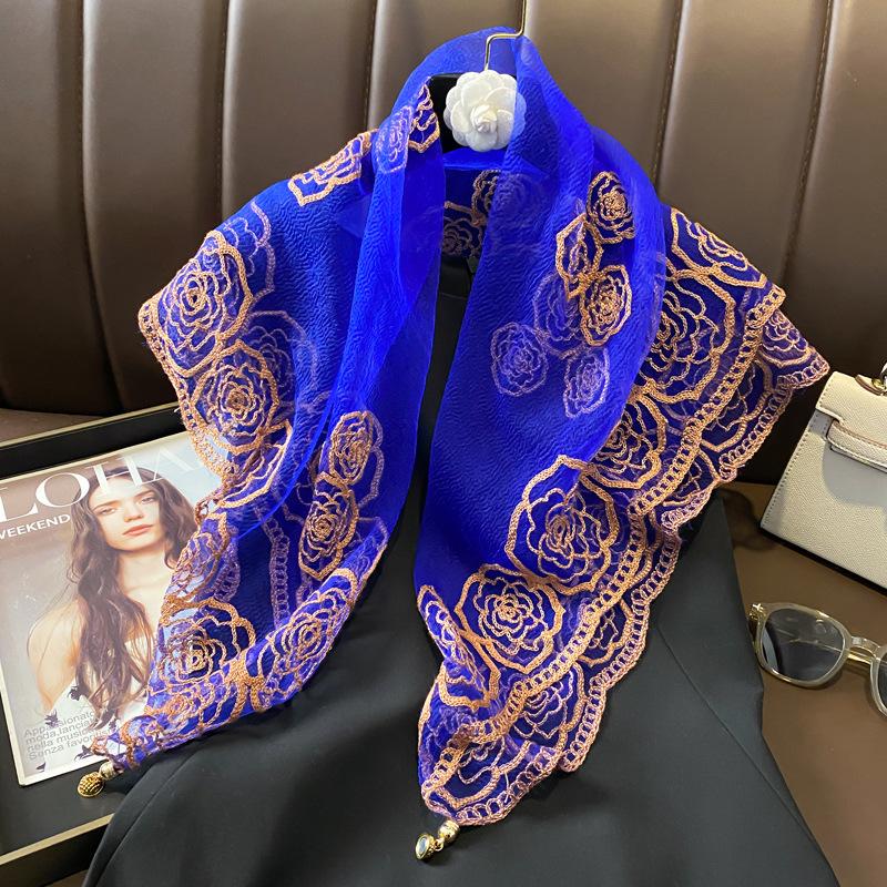 Lace magnetic buckle pearl small silk scarf square scarf women's neck protection decorative triangular scarf versatile long scarf with shirt