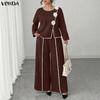 VONDA Женский костюм из двух предметов Ретро Сшитая блузка с длинным рукавом и брюки Повседневные офисные комплекты