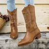 Модные однотонные вышитые ковбойские сапоги женские с острым носком на толстом каблуке до середины голени стильные женские сапоги из искусственной кожи