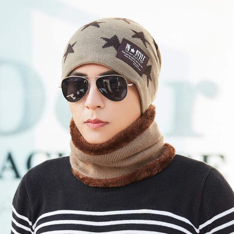 Men's Fleece Knitted Scarf Hat 2-piece Set Trendy Women's Warm Wool Hat Winter Student Cycling Cold