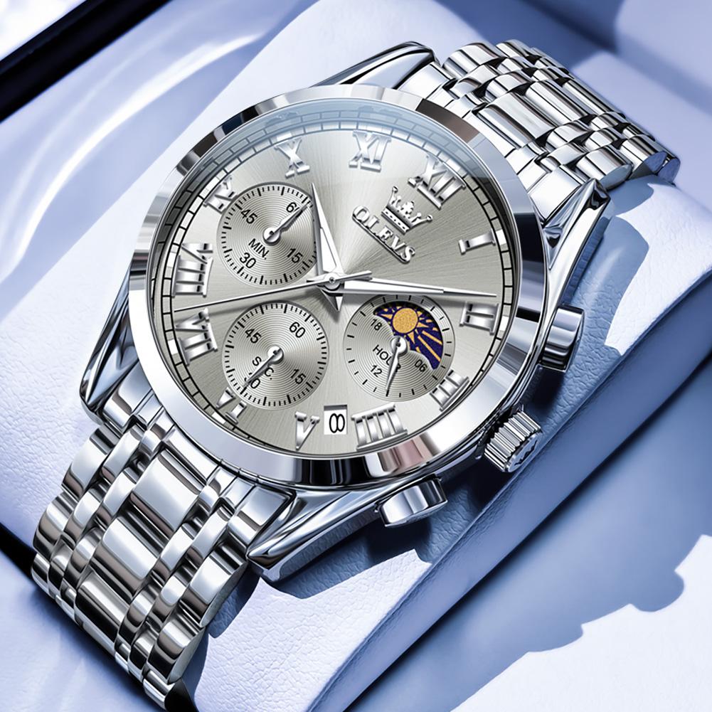 OLEVS Luxury Sport Man Wristwatch Original Luminous Moon Phase Chronograph Watch For Men Stainless Steel Men's Quartz Watches