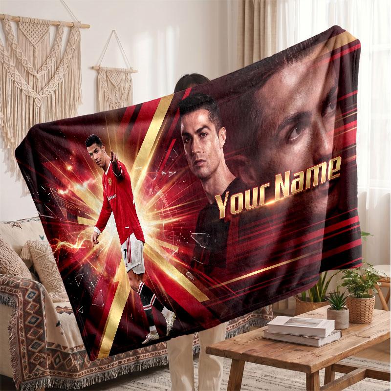 Cristiano Ronaldo Personalized Fleece Blanket With Football Logo, Custom Name Text Soft Warm Home Throw Blanket