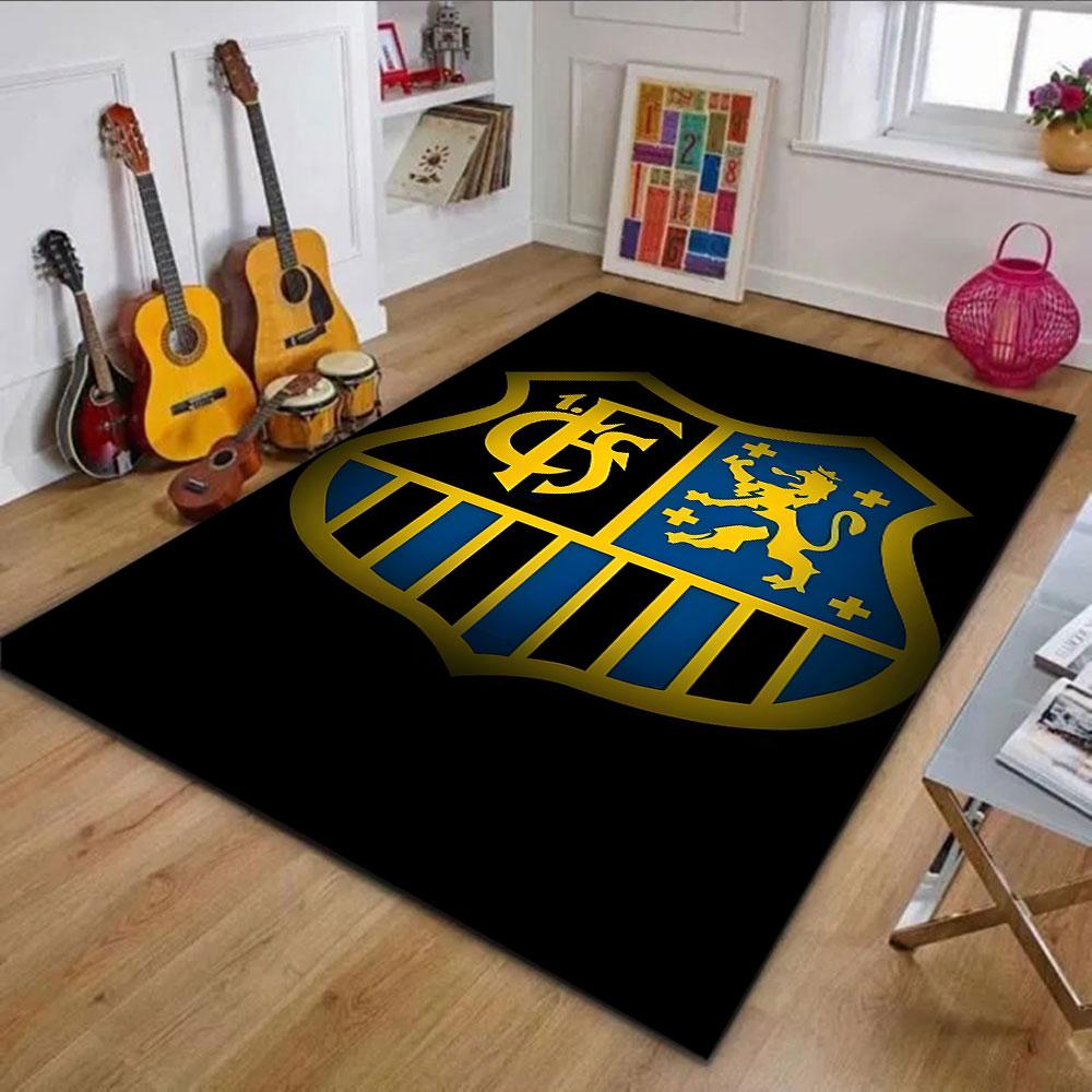 Golden Lion Crest on Blue and Black Shield Patterned carpet, non slip mat suitable for living room and bedroom sofas