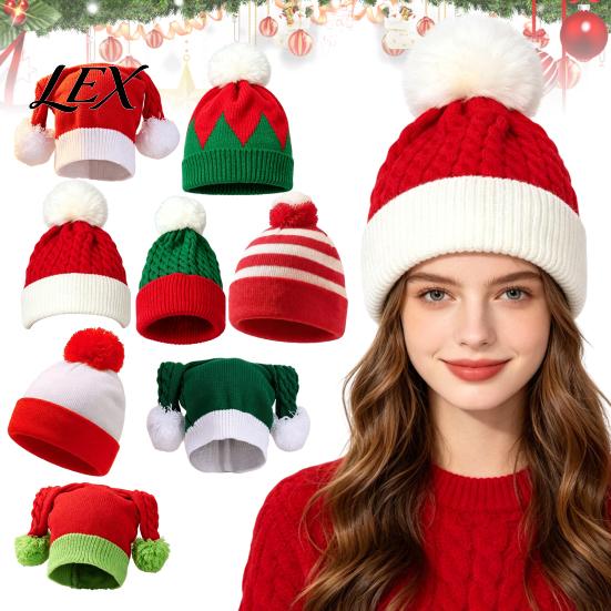 Warm Cuffed Cap for Women Christmas Elf Hat, Cozy Winter Knit Hat with Pom Pom, Stretchy Skull Outdoor Cold Weather Soft Polyester