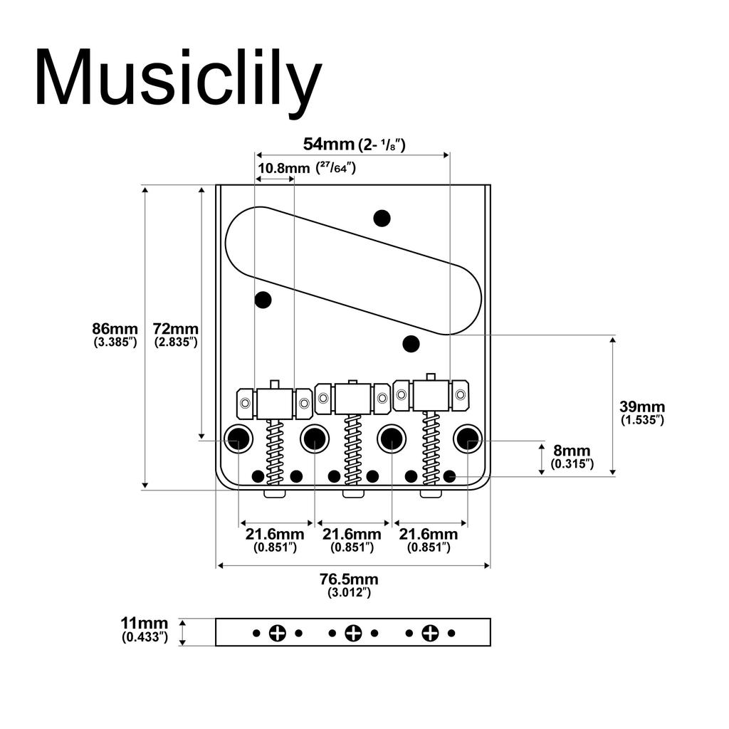 Musiclily Pro 10,8 мм бридж Telecaster в винтажном стиле с латунными 3-позиционными седлами для электрогитар Squier и импортных Telecaster, хром