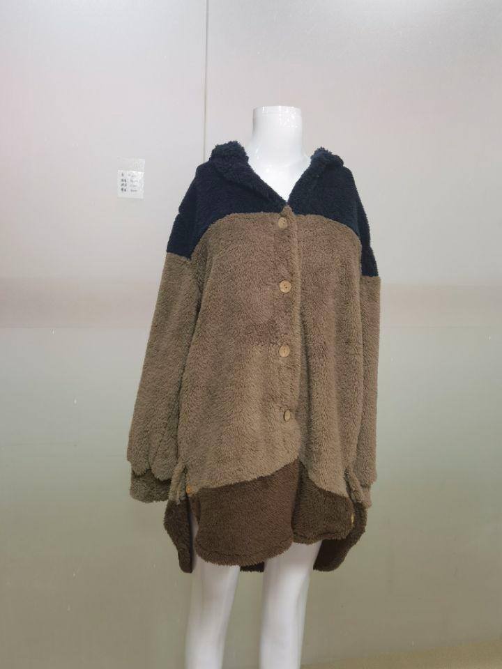 Women Plus Size Button Plush Tops Hooded Patchwork Loose Cardigan Wool Coat Winter Jacket