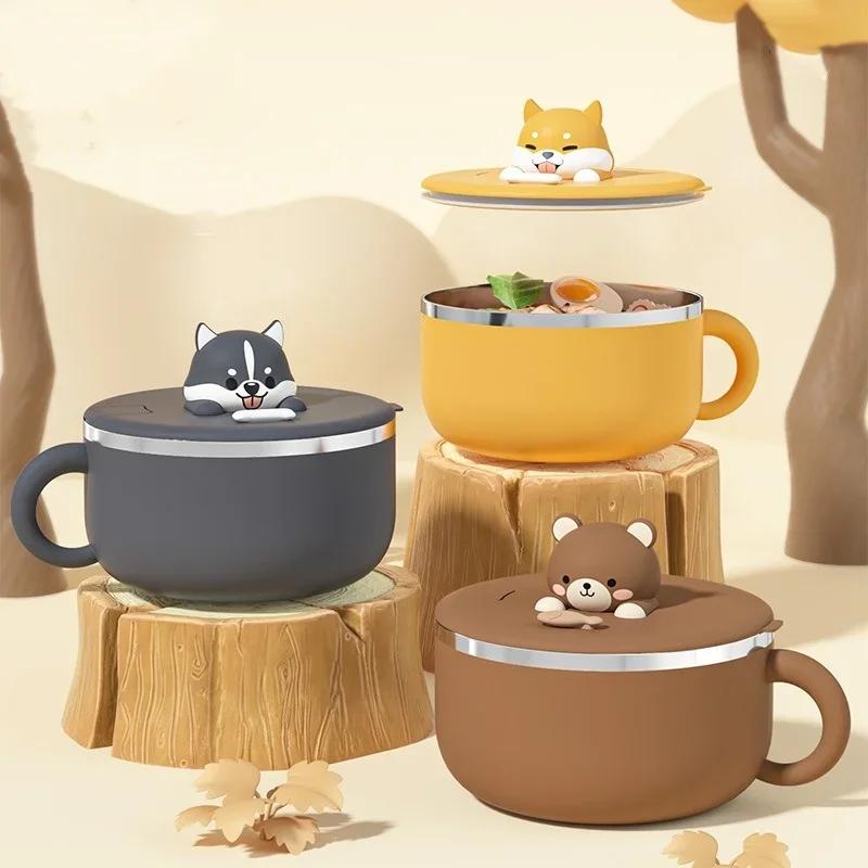 1200 мл миска для рамена с крышкой, симпатичная сиба-ину, нержавеющая сталь, лапшеварка быстрого приготовления с крышкой-фильтром для воды, кухонные принадлежности