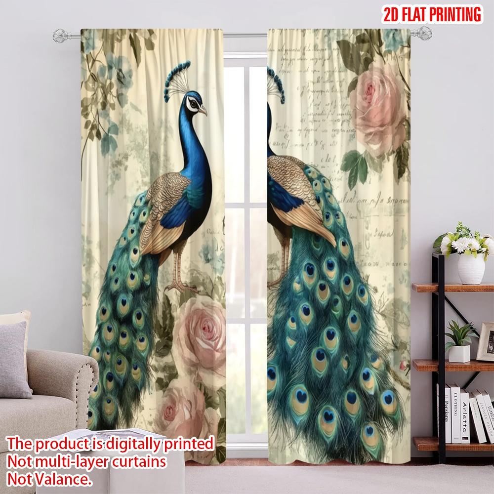 2Pcs,2D Plane Printing Light Filtering Curtains Peacock Elegance(3) Versatile Durable Polyester (Without Rod) Room Decor Ldeal