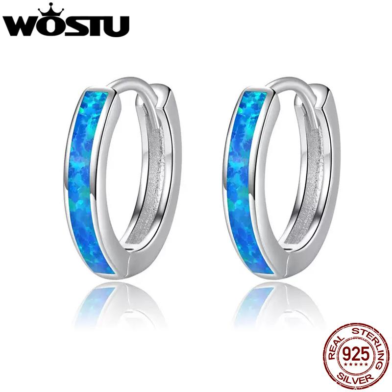 WOSTU Real 925 Sterling Silver Simple Opal Hoop Earrings Blue Circle Earrings For Women Original Silver 925 Jewelry CQE992