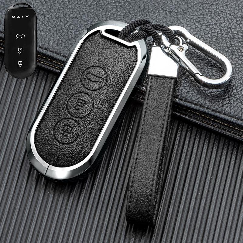 Business Style Double-Sided Leather Key Shell for AITO M7/M5 EV 2022 Model - Full Coverage Metal Car Key Case