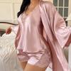 Women's Sexy Faux Silk Sleepwear Set - Short Robe, Camisole, and Shorts.
