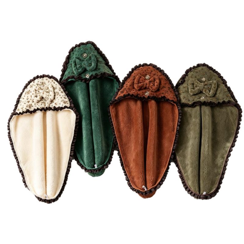 Coral Fleece Bow Dry Hair Cap Super Absorbent Quick Drying Soft Printed Hair Towel Wrap for Home Bathroom Spa Use