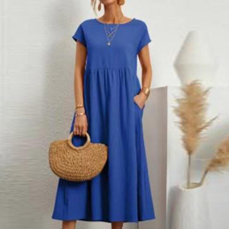Summer Casual Loose Dress Women Short Sleeve O Neck A Line Woman Dress With Pocket Office Lady Cotton Linen Dresses 24647