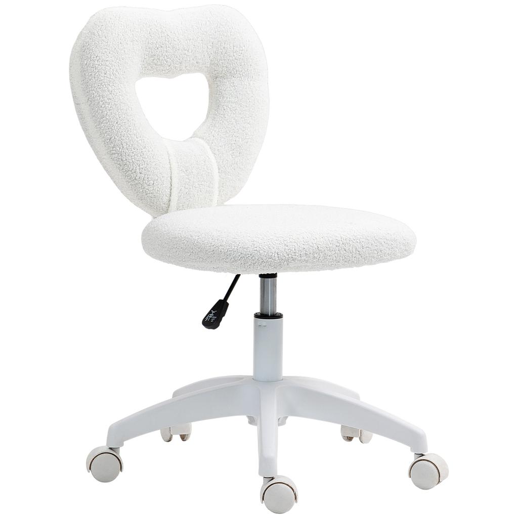 Armless Heart Computer Desk Chair, Teddy Fleece Swivel Office Chair, Makeup Vanity Chair with Height Adjustable, Wheels, for Home Study Bedroom, White