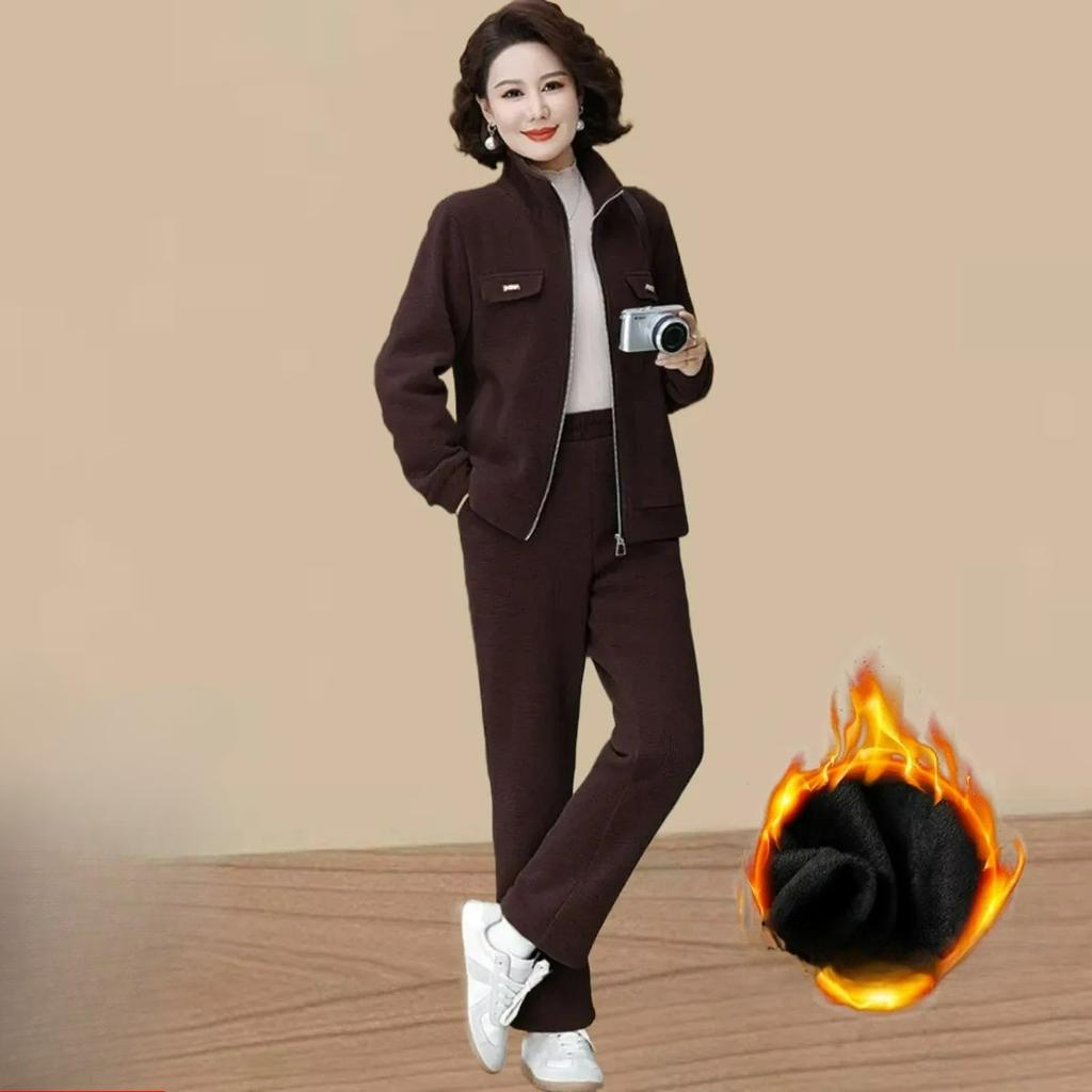 Plus Velvet Warm Sportswear Suit Women's Autumn and Winter Western Style Casual Ladies Suit Two-piece Suit