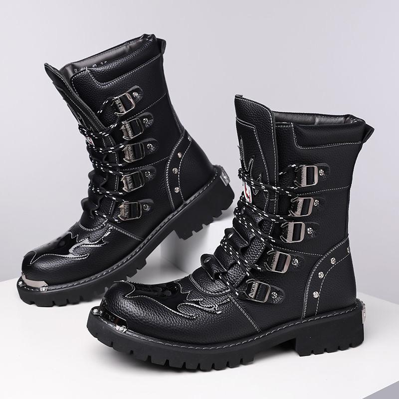 Мужские мотоциклетные ботинки Модные до середины икры Панк-рок Панк Искусственная кожа Черные Высокие Мужские Повседневные Ботинки Стальной Носок Обувь Botas Hombre