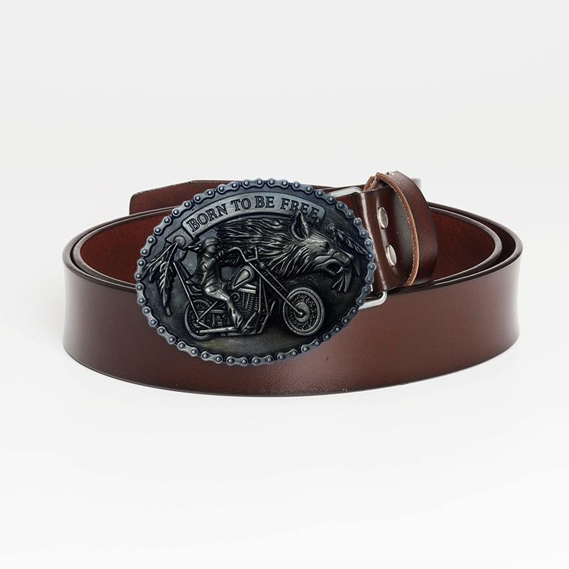 Ремень с пряжкой из сплава Big Wolf Head, двухслойный ремень из коровьей кожи, повседневный ремень из денима с гладкой пряжкой