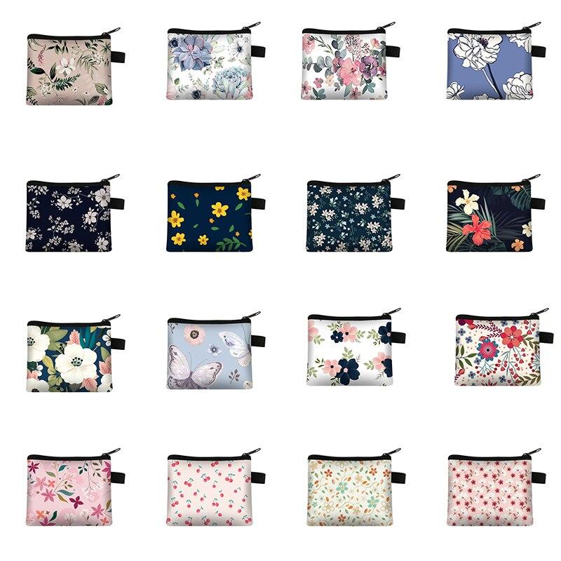 Canvas Coin Purse Floral Plaid Print Zipper Pouch Small Wallet Children Female Key Card Holder Mini Money Bag