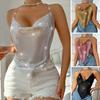 Women Sequin Sling Tops Halter Sleeveless Backless Short Vest with Metal Chain