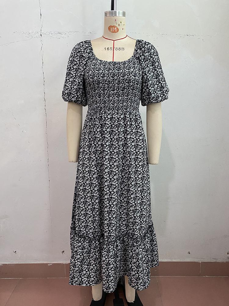 2024 летнее новое женское платье с квадратным вырезом и принтом, сексуальное платье с открытой спиной, длинные элегантные модные платья с короткими рукавами для дам