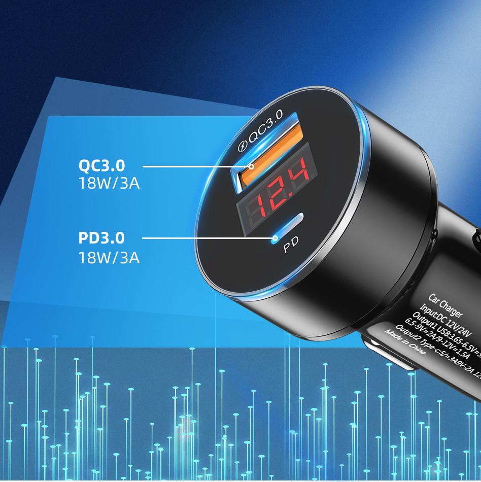 Многофункциональный цифровой дисплей QC3.0 один USB автомобильная зарядка быстрая зарядка + PD двойная быстрая зарядка мобильный телефон автомобильная зарядка автомобиль оптовая продажа
