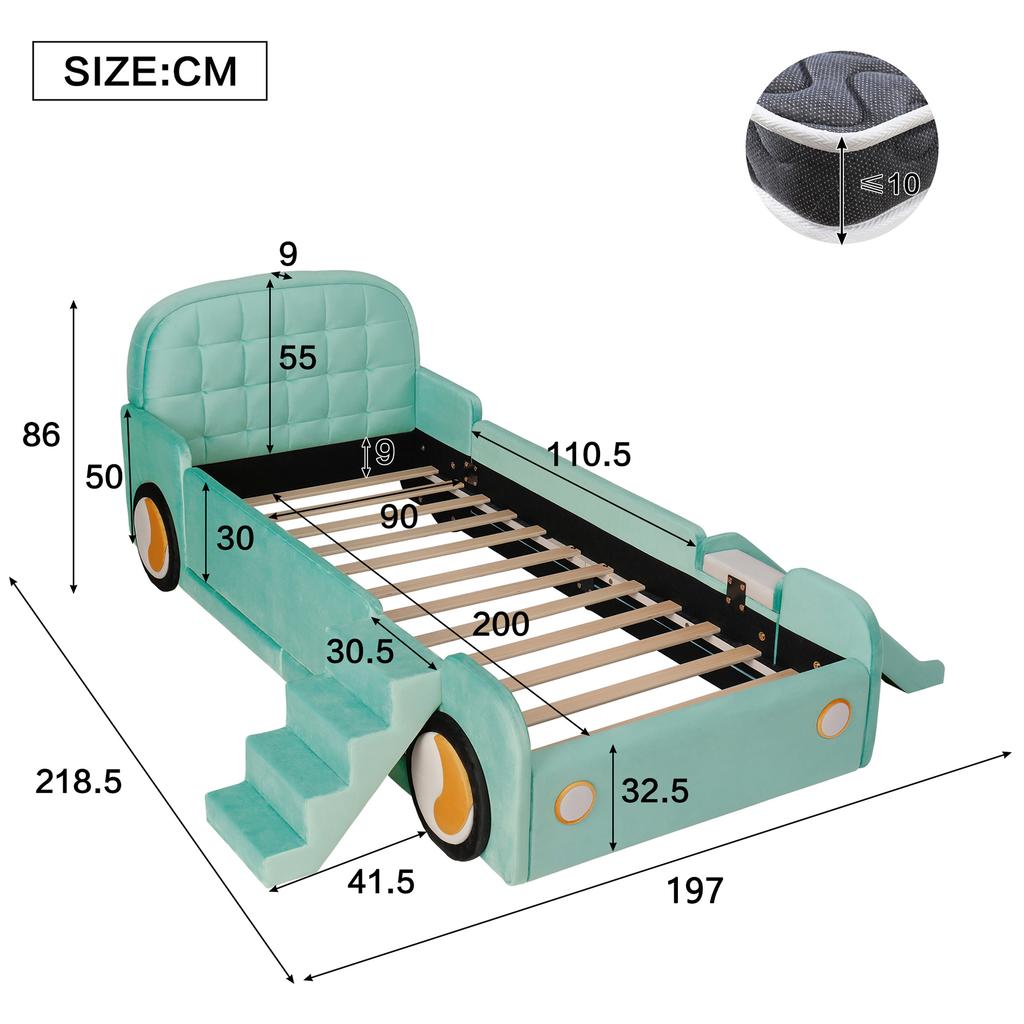 Bed, Car Bed with Slide and Staircase, Mountable Left/Right, Upholstered Bed in Teal, Play Bed with Fall Protection for Children's Room, 90x200 cm