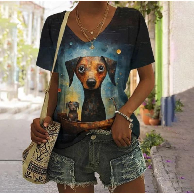 Summer V-neck 3D Animal Flower Printed Top Fashionable Casual Short Sleeved Women's T-shirts
