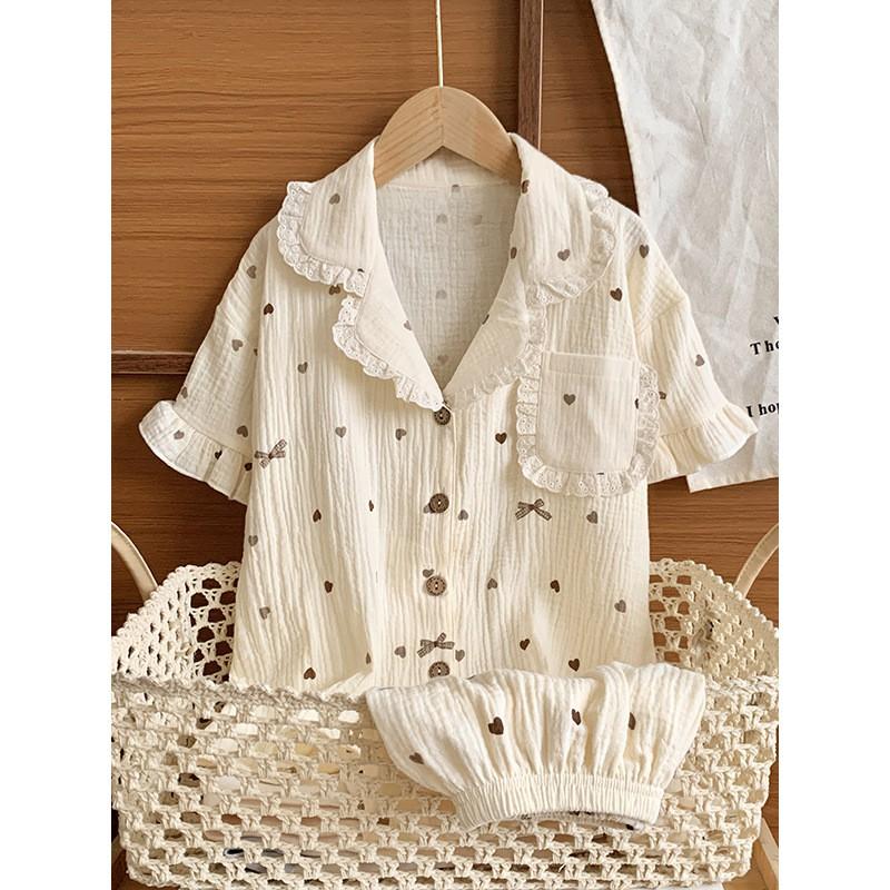 100% Cotton Cartoon Print Short Sleeve Pajama Set Girls Lightweight Sleepwear Two Piece Home Outfit