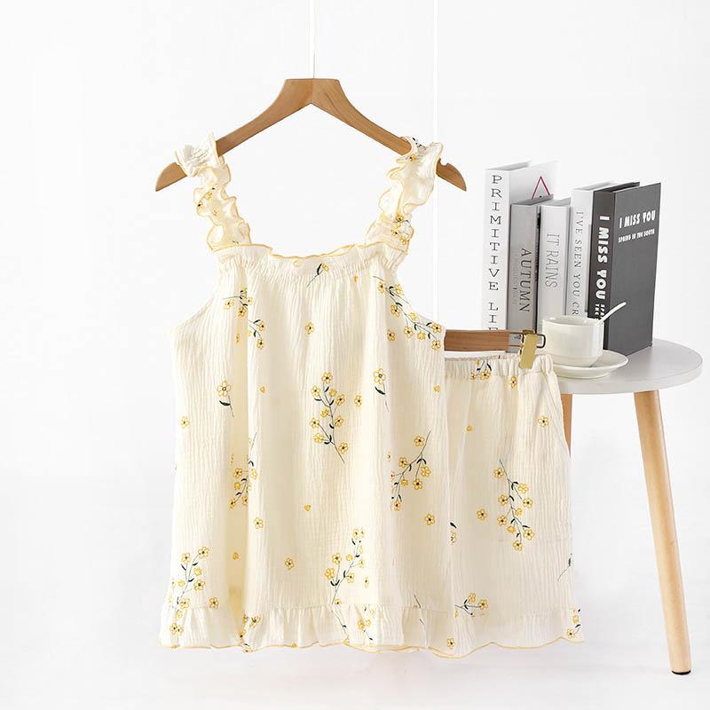 Cotton crepe pajamas for women, pure cotton fungus suspenders, short color, sweet and fresh summer loungewear