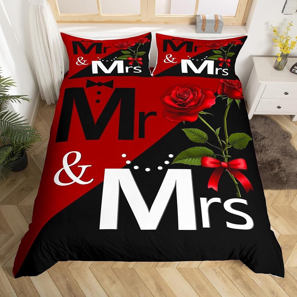 Комплект постельного белья Mr Mrs из микрофибры с романтическим свадебным мотивом, пододеяльник King на День святого Валентина, забавные цитаты, сердечки, пододеяльник