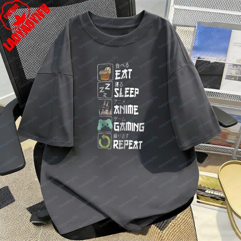 Eat Sleep Anime Gaming Repeat Pattern Funny Tops Anime Otaku Gift Retro Tee Creative Trend Casual Style Camisetas Shirt for Men