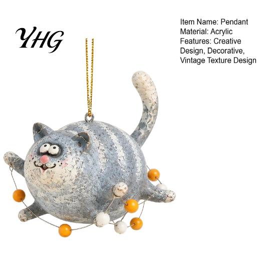 Whimsical Cat Bag Charm Flying Chubby Ornament, Vintage 2D Acrylic Kitten Hanging Pendant with Blue Lightweight Window Wind Chime Stripe Design, Cute