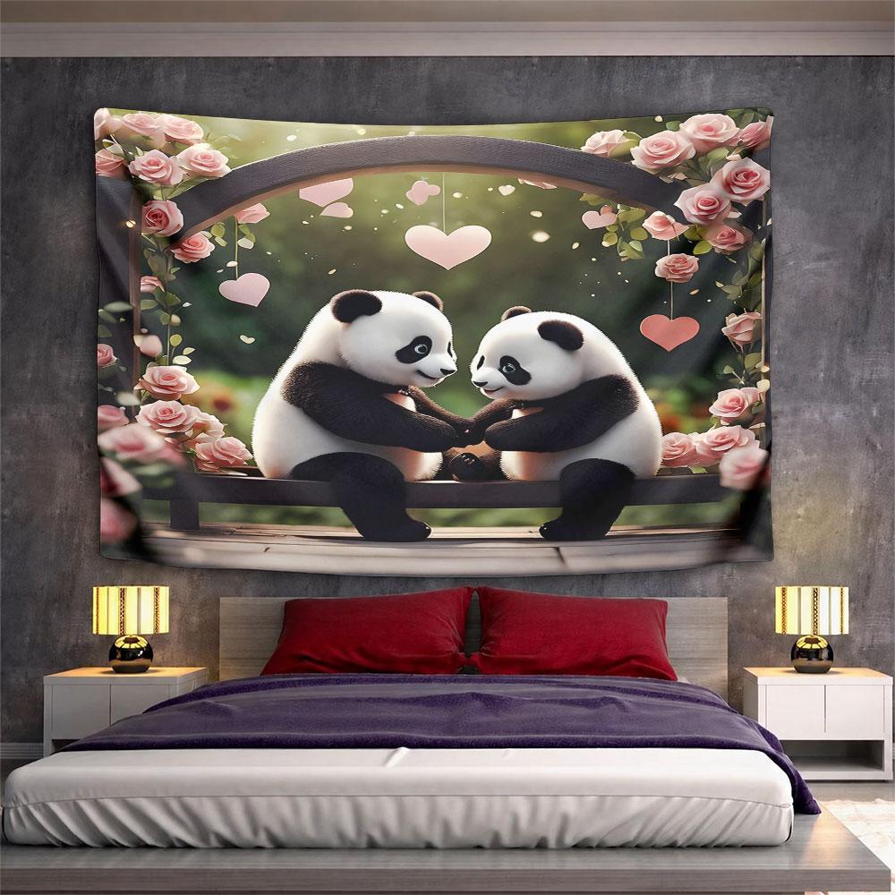 "Romantic Panda Couple with Roses" Pattern Wall Hanging Tapestry Decorative Tapestry Home Decor for Bedroom and Living Room