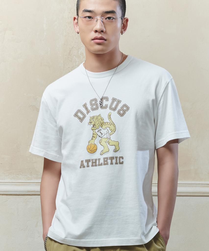 DISCUS ATHLETIC [2 цвета] Свободная хлопковая футболка с пигментным тигром