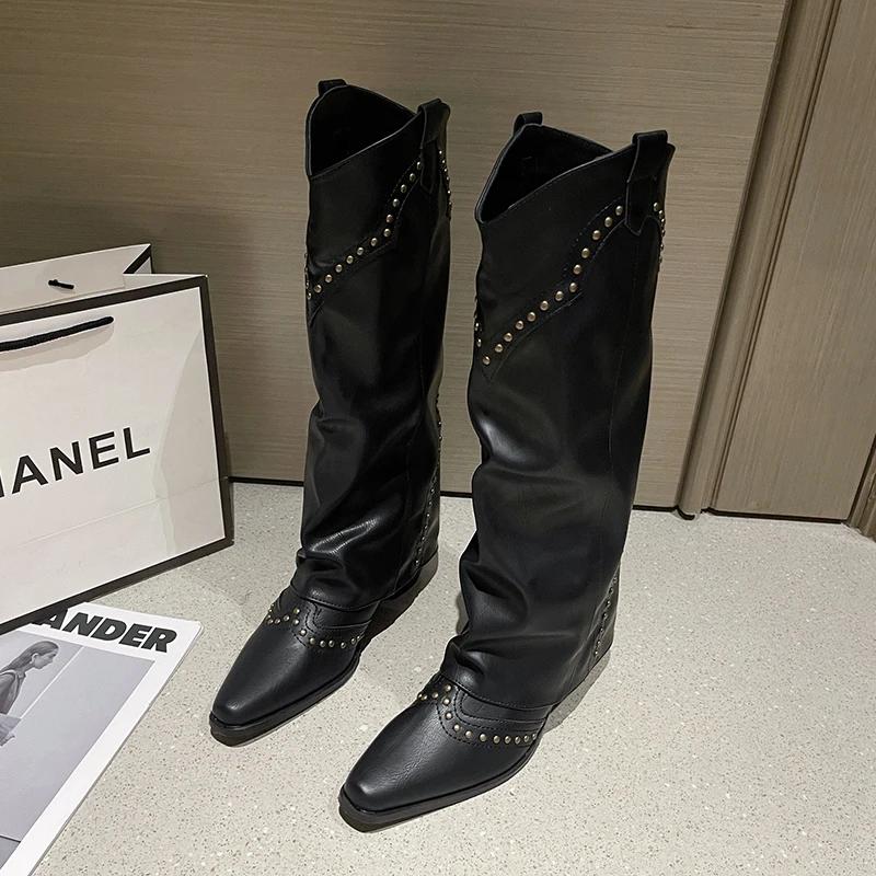 Мода 2024 года Новые женские ковбойские сапоги Модные элегантные женские сапоги на квадратном каблуке слипоны Длинные сапоги Обувь Ретро женская зимняя обувь Zapatos