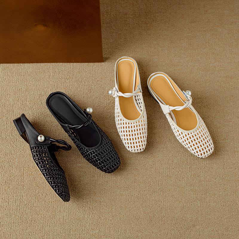Krazing Pot Микрофибра Мюли Плетение Лето Размер 41 Низкий каблук Жемчужная отделка Вечерняя обувь Женщины Квадратный носок Гладиатор Полые туфли-лодочки