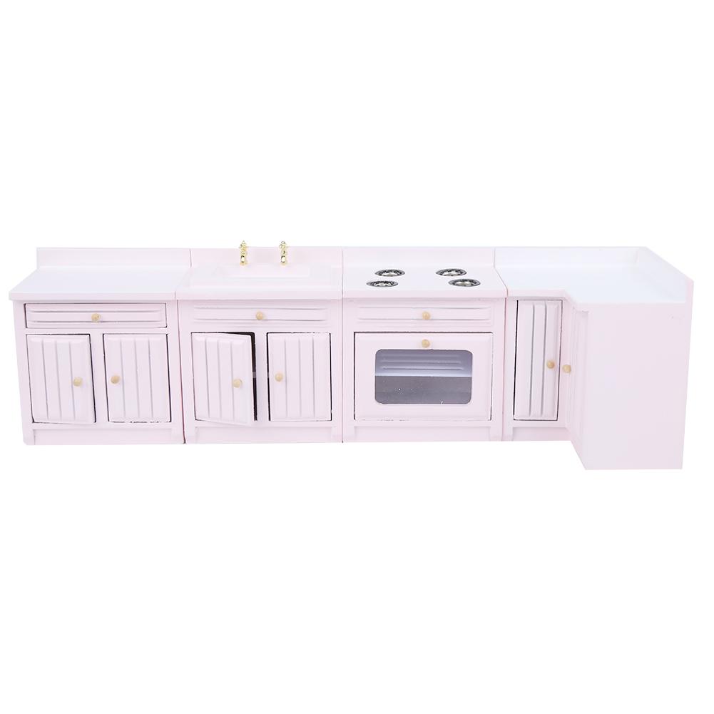 1 : 12 Mini Wooden Dollhouse Integral Kitchen Furniture Miniature Handcraft House PinkKitchen Unit