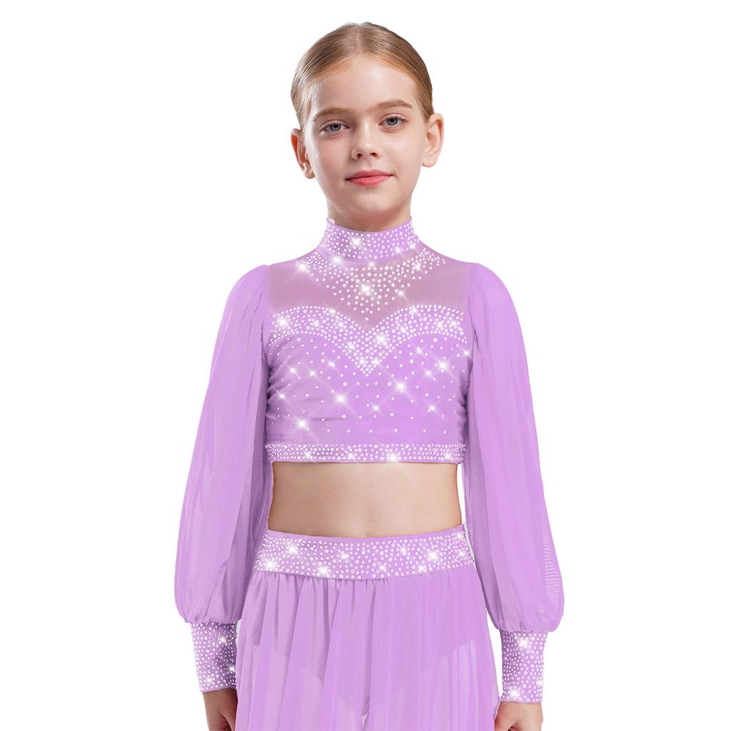 Девочки Сетчатый Танцевальный Топ с Длинным Рукавом, Воротником-стойкой, Вырезом на Спине и Стразами, Укороченный для Лирического Балета