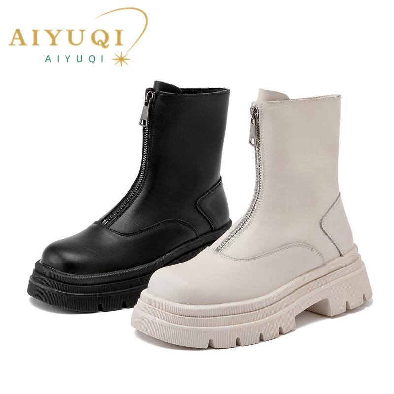 Модные женские ботинки челси AIYUQI из натуральной кожи, новая теплая зимняя обувь 2025 года для женщин, нескользящие женские ботильоны в британском стиле с передней молнией