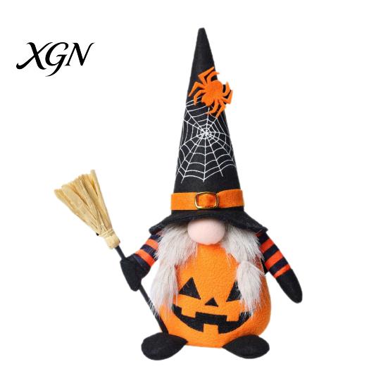 Creepy Gothic Style Ornaments Halloween Plush Gnome Decoration, Spooky Orange Black Spider Web Bat Swedish Faceless Dolls Tomte Elf Figurine,