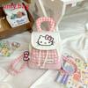 Cute Hello Kitty And Plaid Pattern Girl Canvas Backpack For Daily Use
