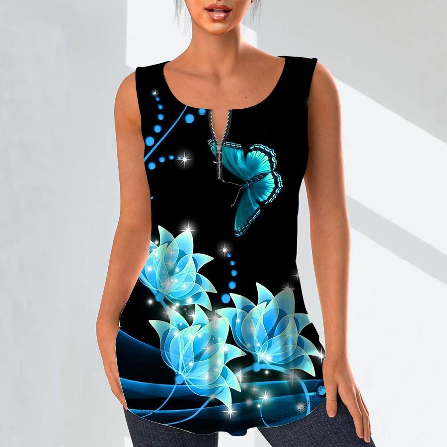 Women's Fashion V Neck Shirts Casual Tops T-shirt Ladies 3D Blue Flowers Print Vest Plus Size Sleeveless Blouse Tank Tops