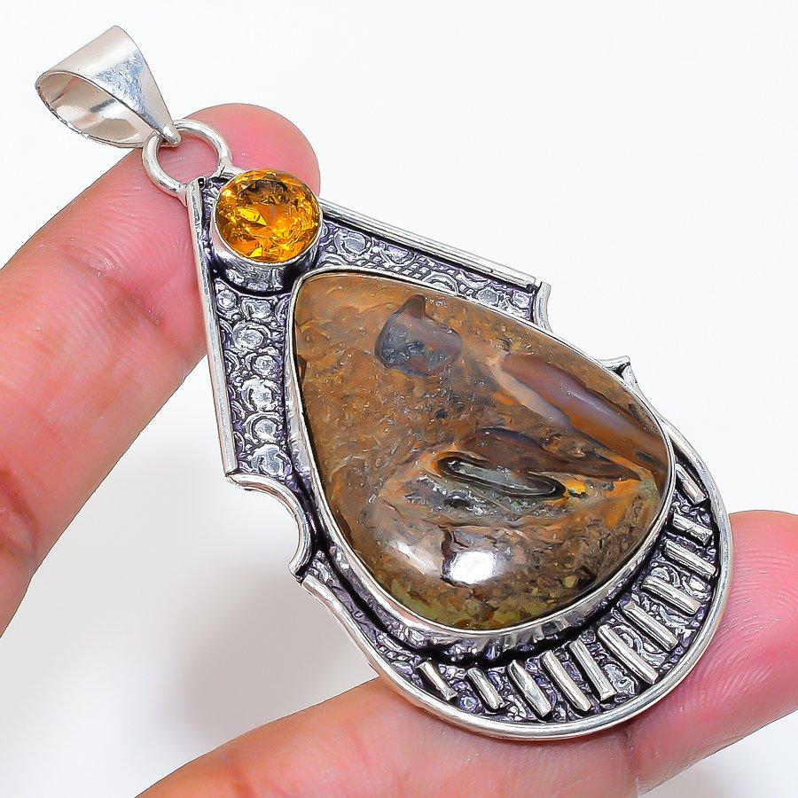 Natural Rock Fossil, Citrine 925 Sterling Silver Jewelry Pendant 2.76" ZS-801