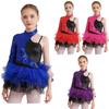 Kids Girls Shiny Sequin Jazz Latin Dance Dress Asymmetrical Sleeves Tulle Party Dress Ballet Dance Leotard Dress