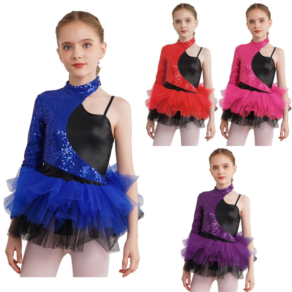 Kids Girls Shiny Sequin Jazz Latin Dance Dress Asymmetrical Sleeves Tulle Party Dress Ballet Dance Leotard Dress
