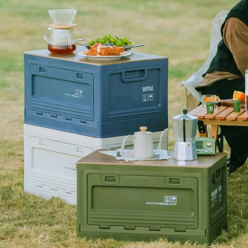 Camping Folding Storage Box Wood Lid, Camping Storage Bin, Foldable Closet Organizers Box Car Storage Container